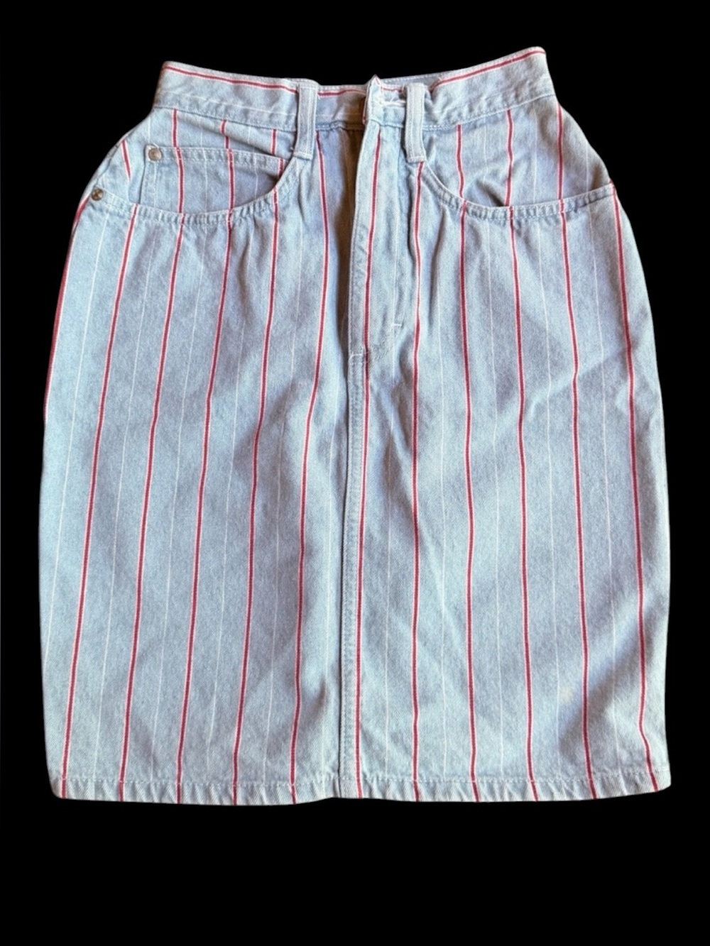 1980s Gitano 100% Cotton High-Waisted Vertical Striped Denim Pencil Skirt‎